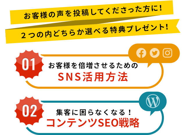 お客様の声を投稿してくださった方に! 2つの内どちらか選べる特典プレゼント!