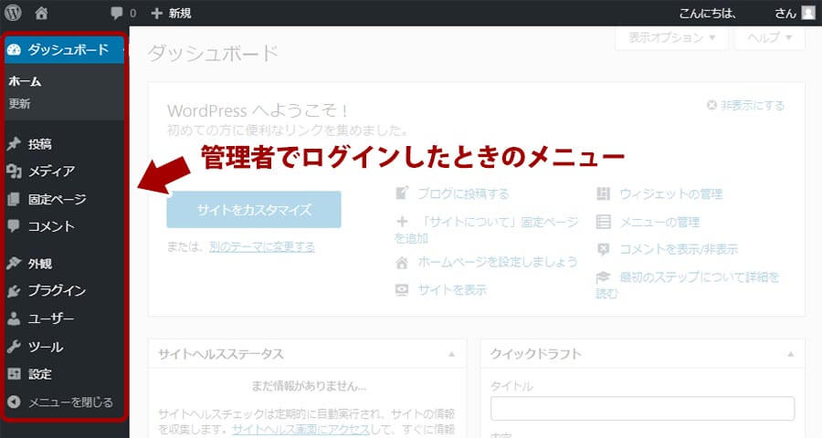 「特別管理者・管理者」のWordPressの左メニュー