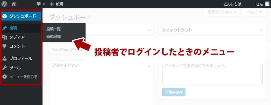 「投稿者」のWordPressの左メニュー