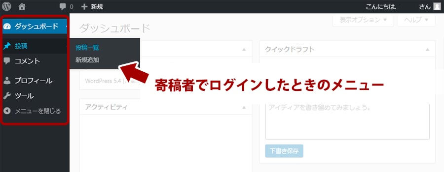 「寄稿者」のWordPressの左メニュー