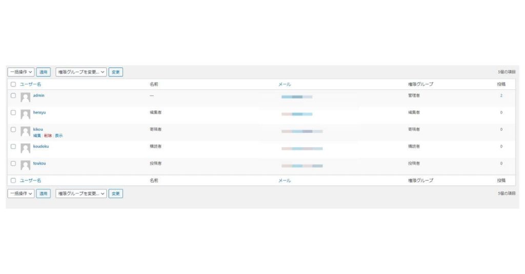 管理者権限でログインした後のユーザー一覧