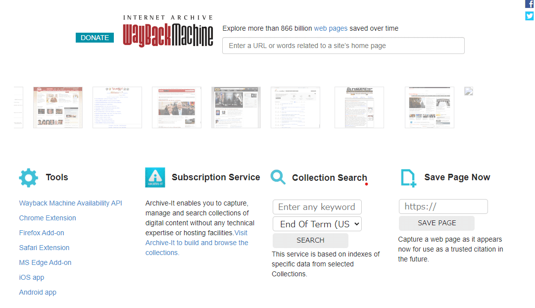 Wayback Machineのサイトトップ
