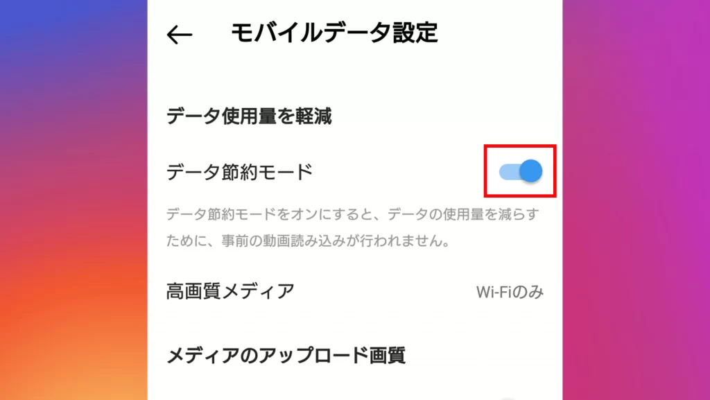 Instagram(インスタグラム)の軽減がオンになっているスクショ