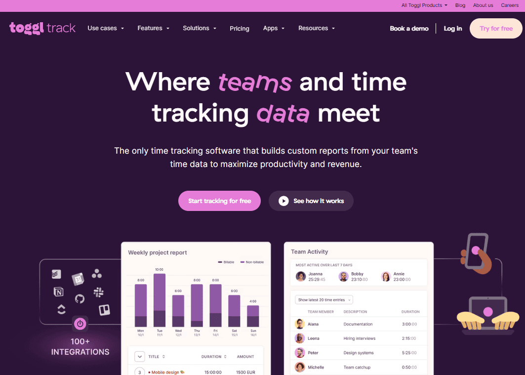 Toggl Trackのサイトトップ