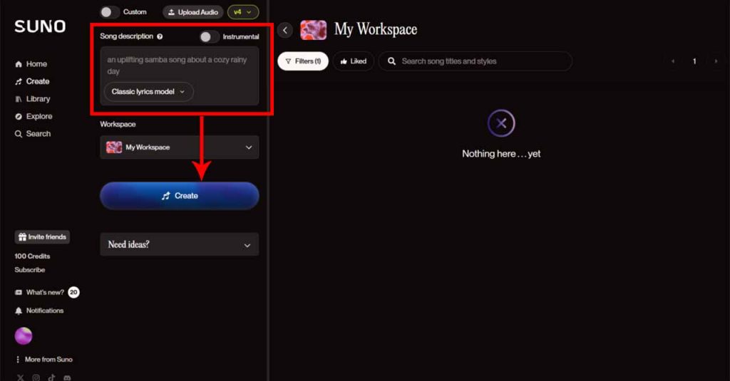 曲のテーマやイメージを入力して「Create」をクリック