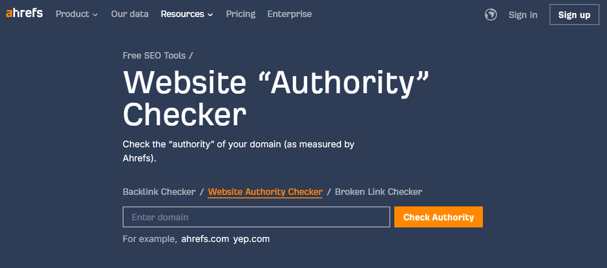 Ahrefs Website Authority Checkerのサイトトップ