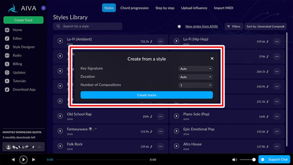 設定を選択して「Create tracks」をクリック